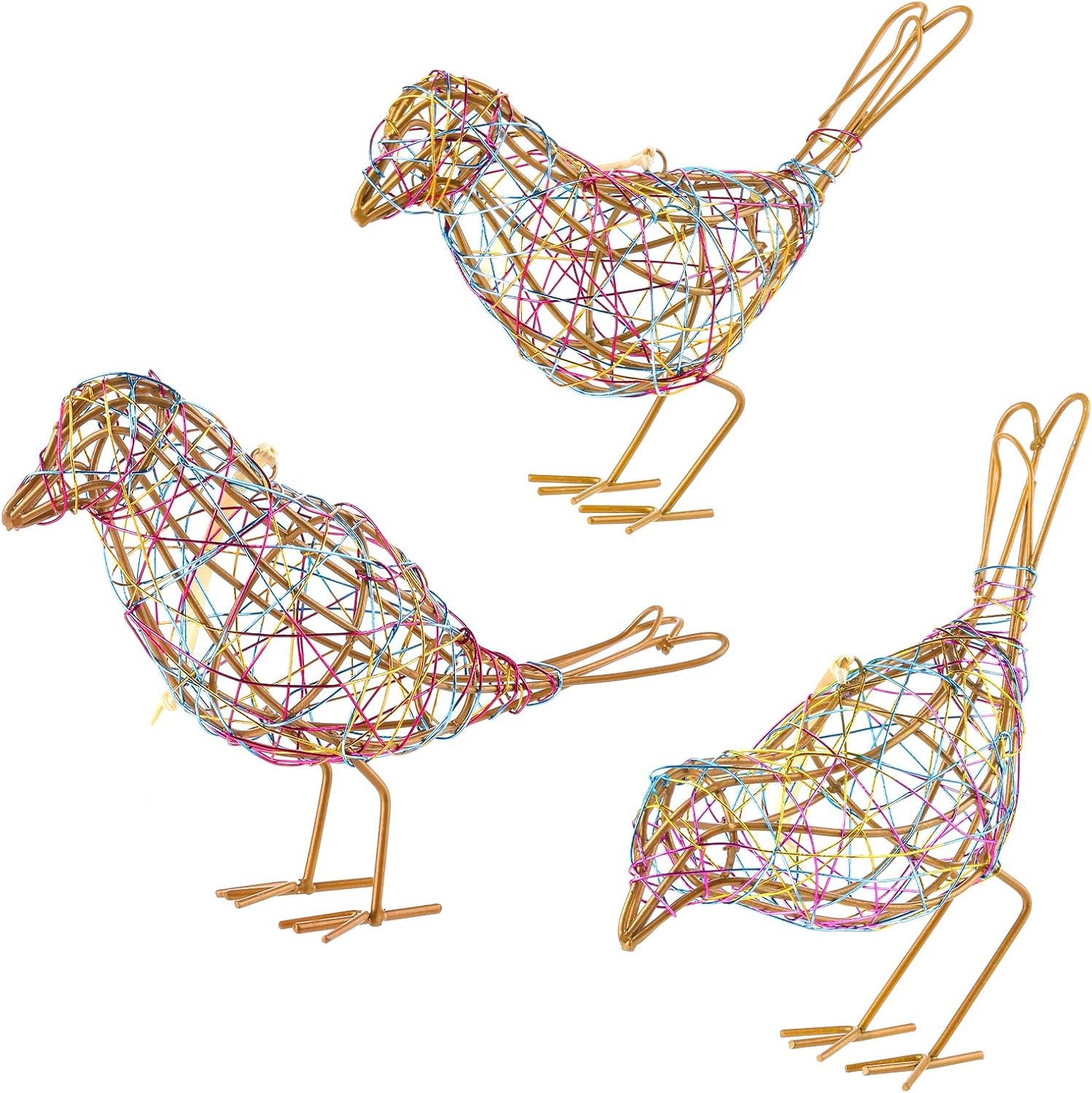 Modern Bird Statue Table Decor Set of 3 - Christmas Ornament - Handmade Metal Bird Sculptures with Colorful Wire Weaving, Multi-Pose Rustic Home Accent