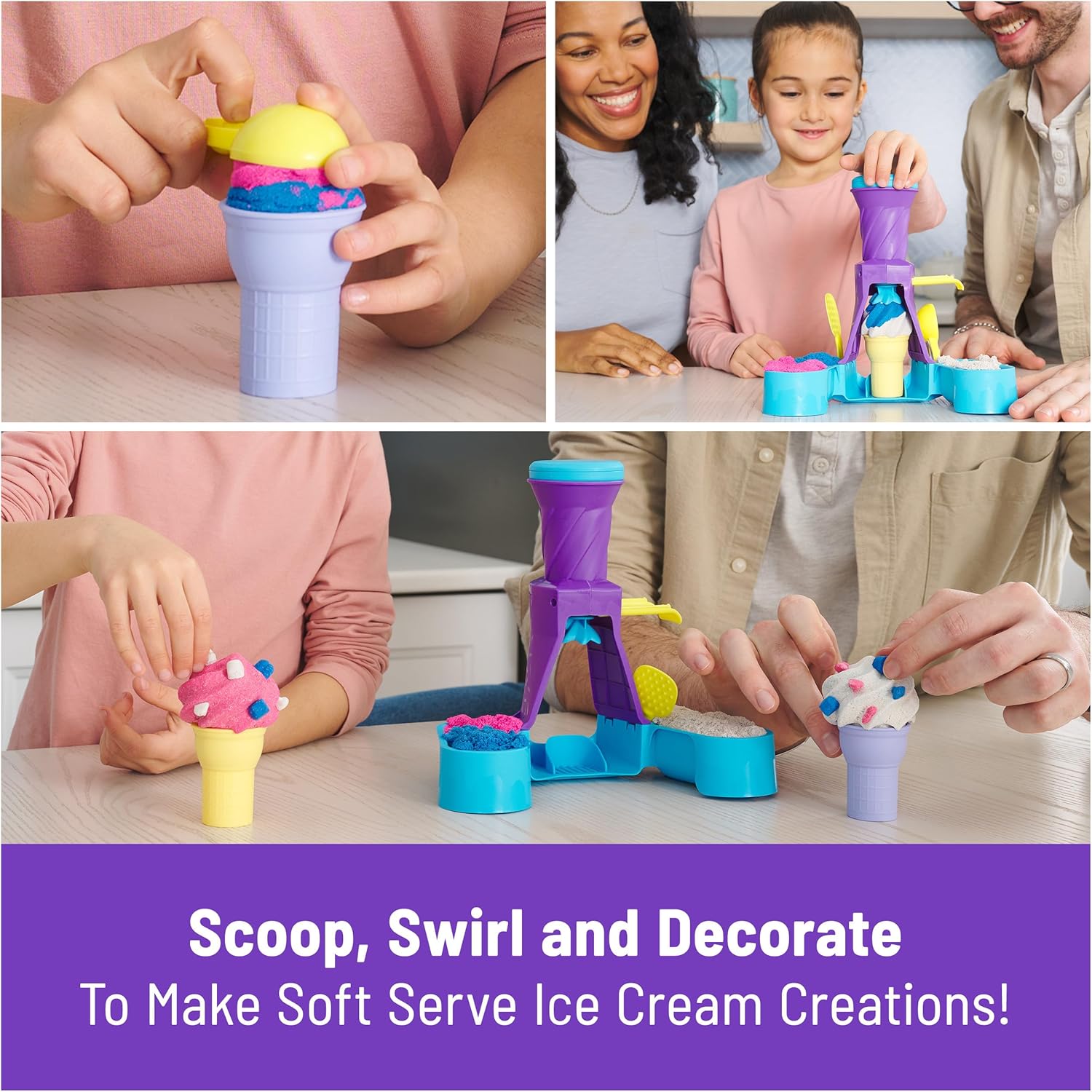 Kinetic Sand, Soft Serve Station with 14oz Play Sand (Blue, Pink & White), 2 Ice Cream Cones & 2 Tools, Sensory Toys, Stocking Stuffers for Kids Ages 3 and up