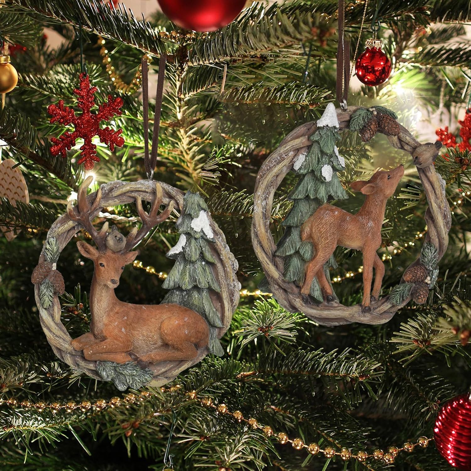 Christmas Tree Ornaments Christmas Decorations - Set of 2 Resin Christmas Woodland Deer in Wreath Ornaments Brown/Sage Green Men for Family Braxio