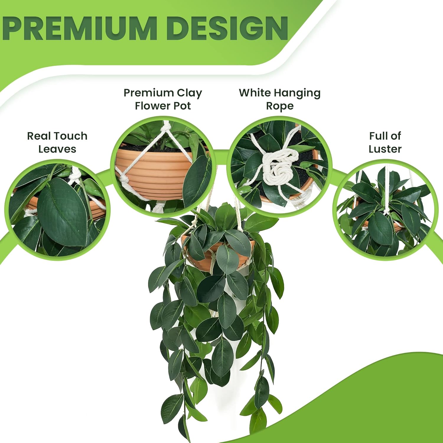 Hanging Plants Artificial Decor, Fake Hanging Plant in Clay Pot Artificial Hanging Plants with Fake Leaves and Hook for Wall Home Room Indoor Outdoor Décor (Dark Green)