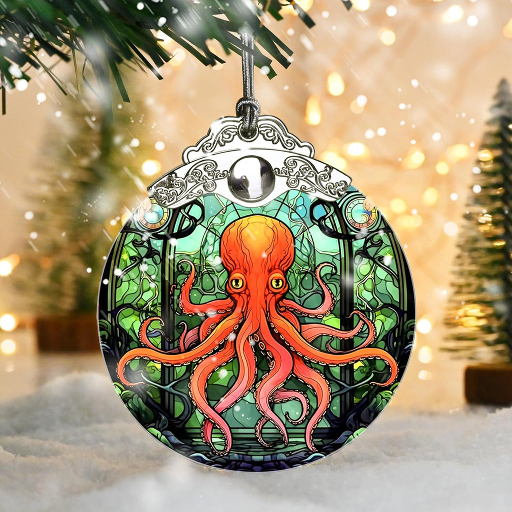 Stained Glass Christmas Ornament, Jocidea Octopus Christmas Decorations, Christmas Tree Ornament, Octopus Lovers Gifts, Holiday Decor and Xmas Gifts Ideas