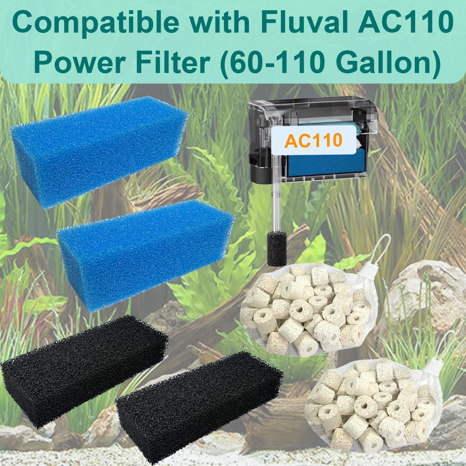 6 Pack Aquarium Filter Media Maintenance Kit Compatible with Fluval AquaClear AC110 Power Filter, 60-110 Gallon, Includes 2 Ceramic Rings, 2 Blue Foam Filters & 2 Carbon Sponge Filters