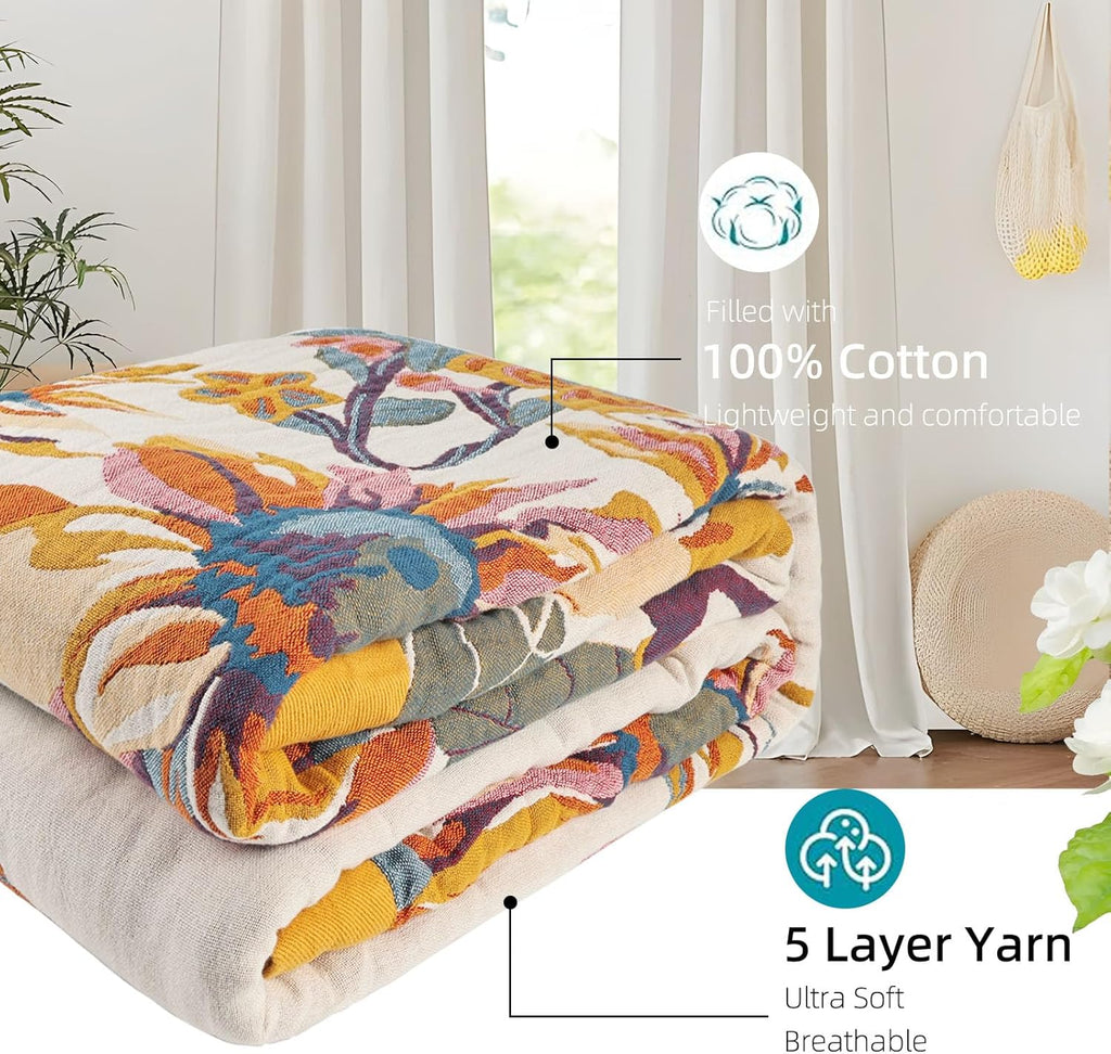 Boho Throw Blanket for Bed - 100% Pure Cotton Ultra Soft Rustic Quilt - Farmhouse Decor Bed Blankets, All Season Rustic Throw for Sofa Couch Chair(80''x 90'', Floral)