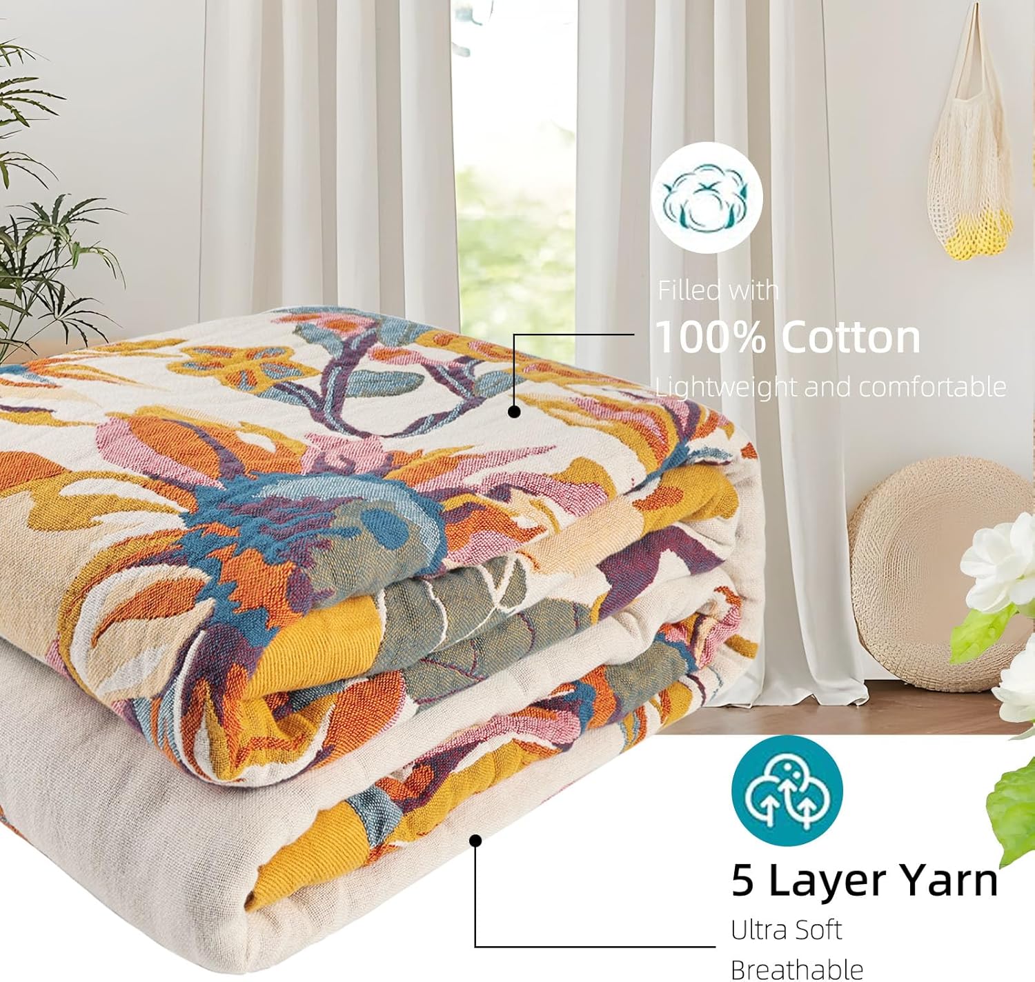 Boho Throw Blanket for Bed - 100% Pure Organic Cotton Ultra Soft Rustic Quilt - Farmhouse Decor Bed Blankets, All Season Rustic Throw for Sofa Couch Chair(91''x 98'', Floral)