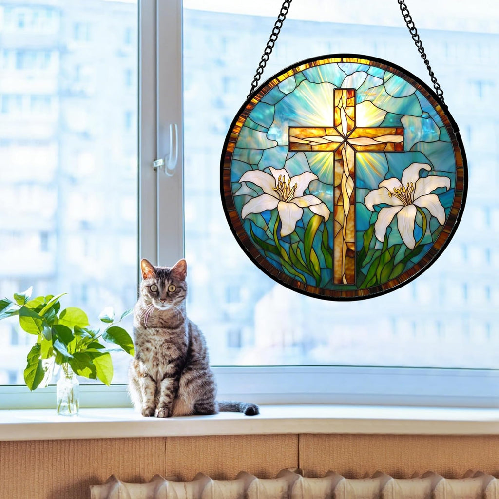 Christian Gifts for Women - Cross Stained Glass Window Hanging Jesus Easter White Lily Flower Sun Catcher Garden Religion Decor Mother's Day Catholic Gift for Men Grandma Mom Her Nana 9.8"