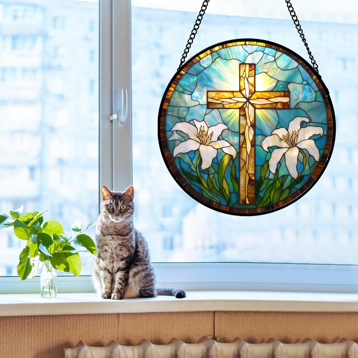 Christian Gifts for Women - Cross Stained Glass Window Hanging Jesus Easter White Lily Flower Sun Catcher Garden Religion Decor Mother's Day Catholic Gift for Men Grandma Mom Her Nana 15"