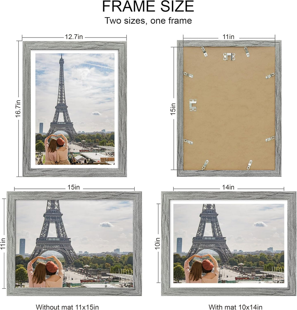 11x15 Picture Frame Set of 4, Made of Real Glass and Grey Frame - Display Picture 10x14 with Mat or 11x15 Without Mat, 11 by 15 Photo for Wall Mounting