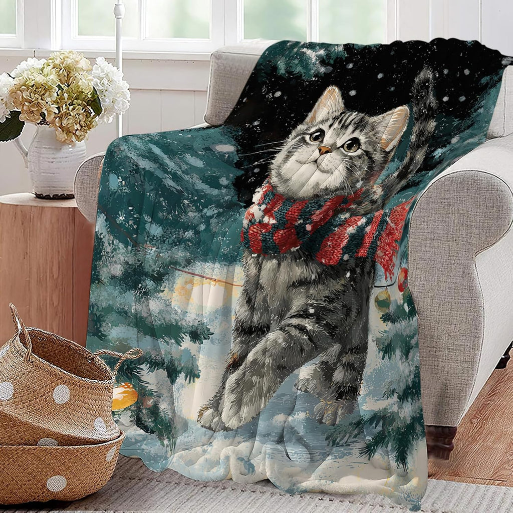 Cat Blanket Christmas Winter Night Throw Blankets Kitten Gifts for Girls Boys Kids Cat Lover Soft Cozy Fleece Plush for Couch Sofa Bed 60"x50"