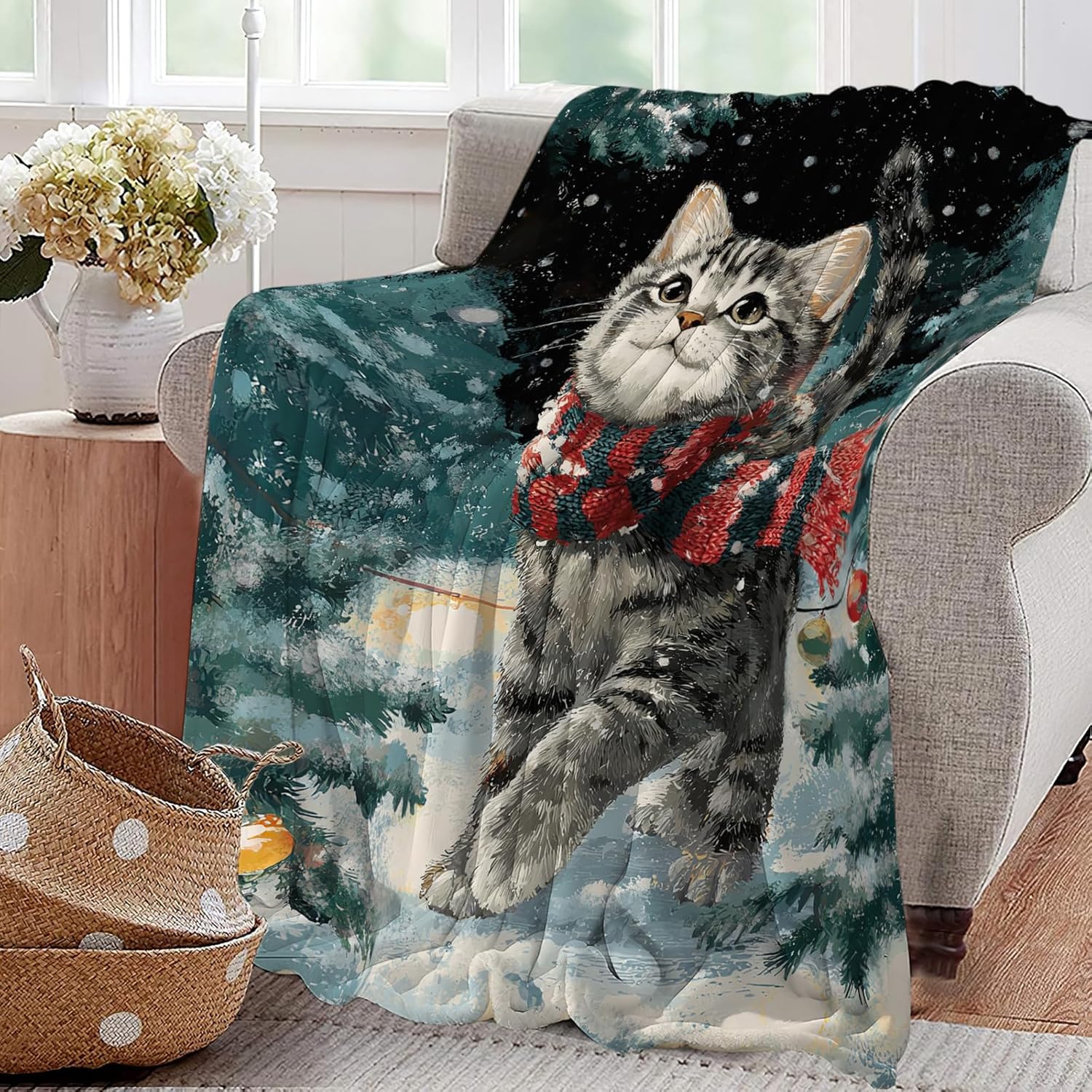 Cat Blanket Christmas Winter Night Throw Blankets Kitten Gifts for Girls Boys Kids Cat Lover Soft Cozy Fleece Plush for Couch Sofa Bed 80"x60"
