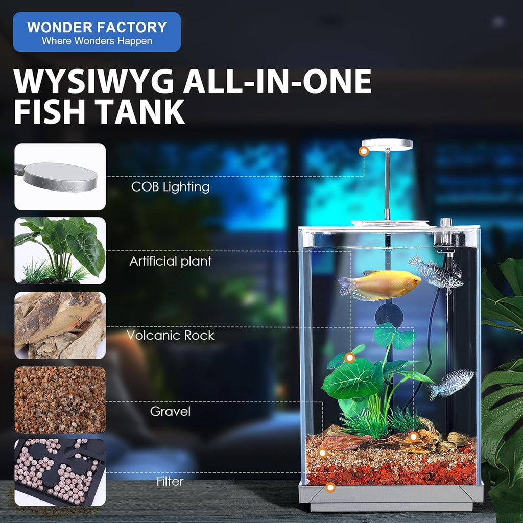 Nano Desktop Betta Aquarium 2.7 Gallon Glass Fish Tank Set, Hidden Bottom Filtration System Self Cleaning Filter Light Gravel Plant Cleaning Tool, for Small Space Easy Setup Space-Saving Design