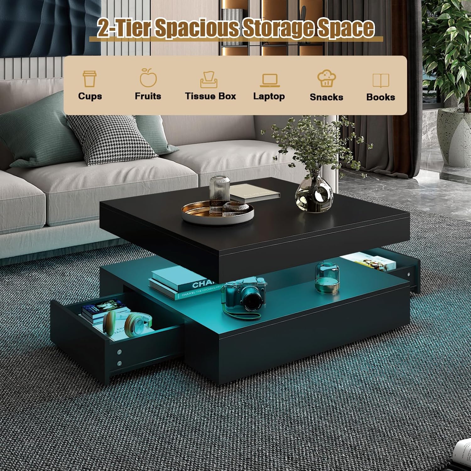 Black LED Coffee Table with 2 Storage Drawers for Living Room Square Center Middle Table Modern Cocktail Table with Light 2-Tier Tea Tables Contemporary Mid Century Wood Home Office Waiting Room