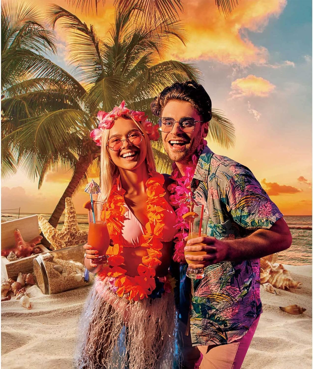 5X7ft Polyester Summer Beach Seaside Sunset Backdrop Tropical Hawaiian Ocean Palm Tree Photography Background for Aloha Luau Party Decoration Supplies Banner Photo Booth Props