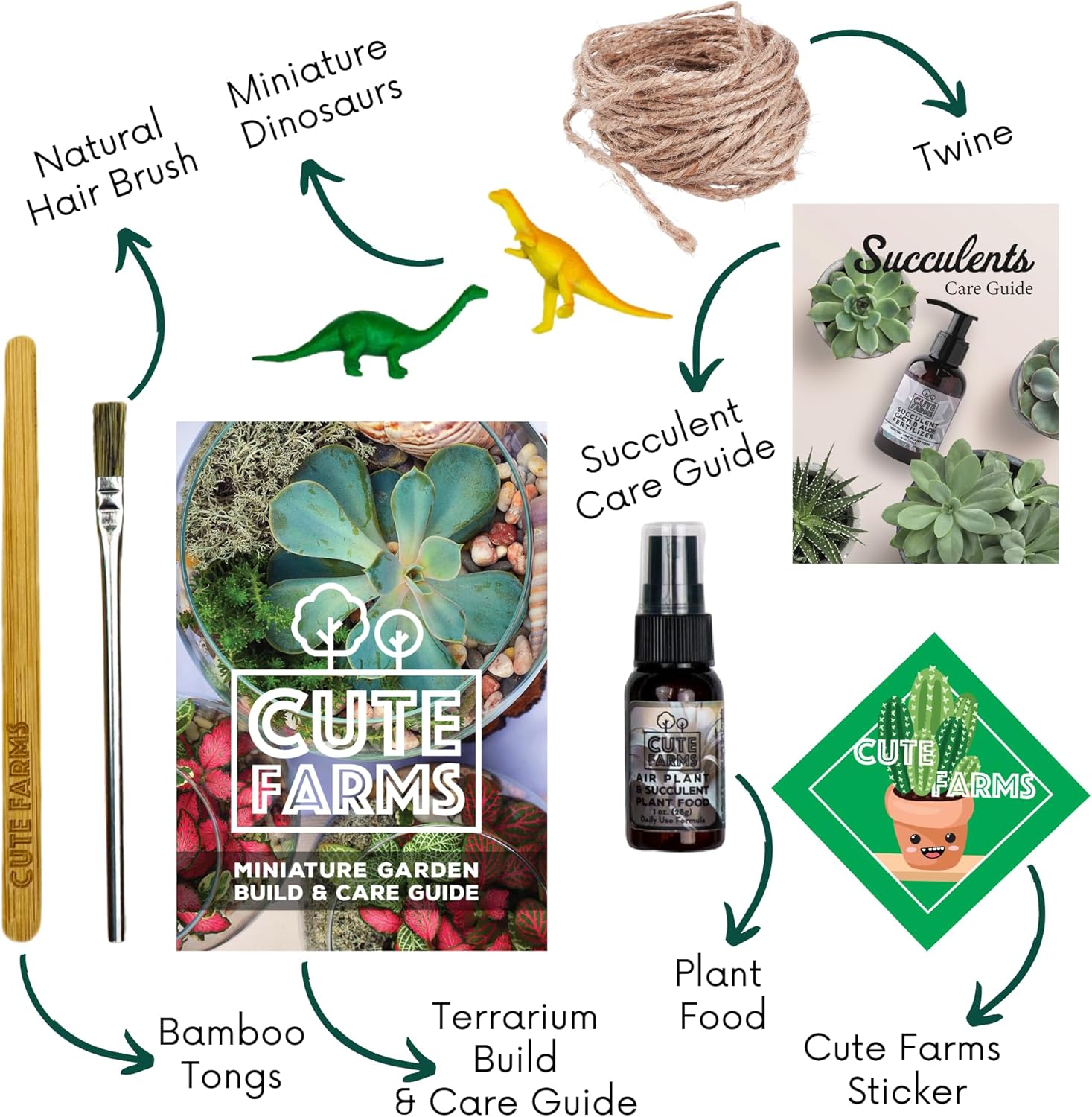 Cute Farms Terrarium Starter Kit with Glass | Moss, Vermiculite, Soil, Plant Food, Finishing Tool, Miniature Dinosaurs, Build and Care Guide