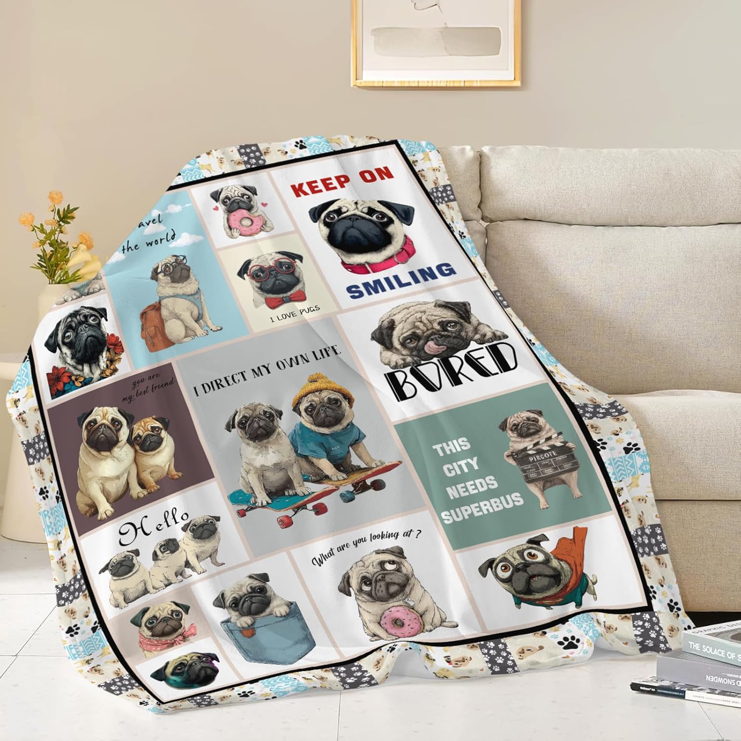 Pug Throw Blanket Pug Puppy Stuff Gifts for Dog Lover Kids Girls Boys Adults Women Men Soft Cozy Warm Plush Fluffy Fuzzy Fleece Blanket Decor 50''X60''