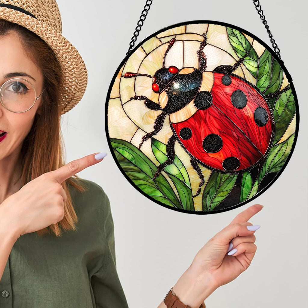 Stained Glass Window Hanging - Red Seven-Spotted Ladybug Sun Catcher for Door Home Decor Insect Suncatcher Christmas Mother's Day Birthday Gifts for Women Men Mom Nana 9.8 in