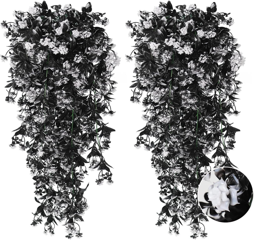 RECUTMS Realistic Artificial Black Hanging Plants Pack of 2 Faux Black Hanging Plant Outdoor Indoor with Lights LED Fairy String Rose Fake Hanging Flwers Decor for Office House (Black and White)