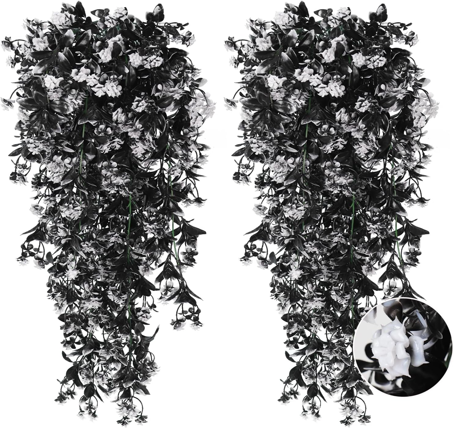 RECUTMS Realistic Artificial Black Hanging Plants Pack of 2 Faux Black Hanging Plant Outdoor Indoor with Lights LED Fairy String Rose Fake Hanging Flwers Decor for Office House (Black and White)