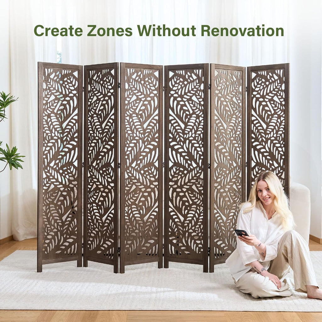 Leaf-Carved Room Divider Privacy Screen - 67 Inch Tall Foading Decorative Wood Screen Dividers Panel for Home - Natural Wood Room Partitions for Enhanced Privacy and Style Brown 6 Panel