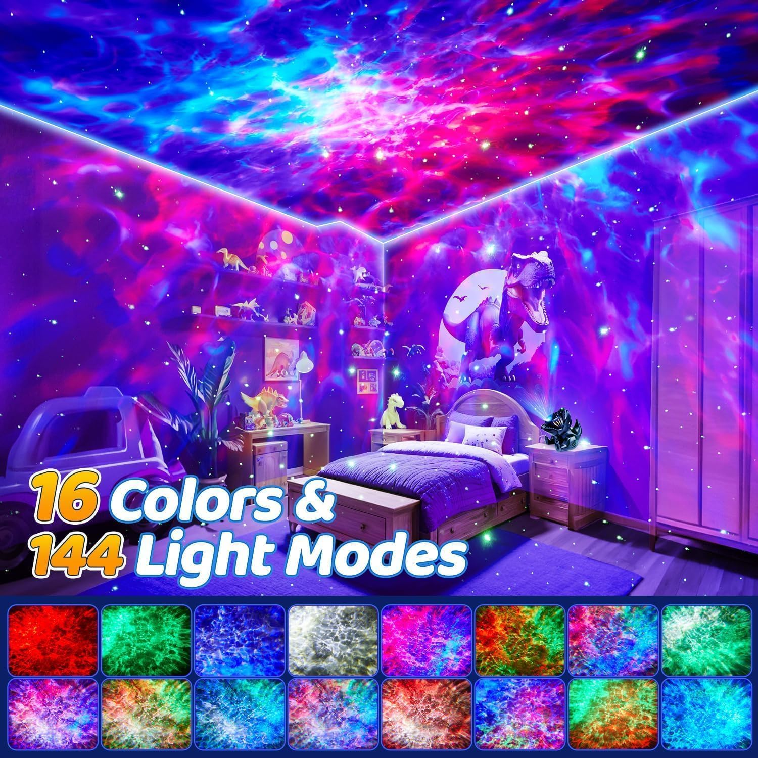 PIKOY Dinosaur Night Light & Sound Machine Baby | 22 White Noises+18 RGB Colors Galaxy Light Projector & Soothing Music | Bluetooth Speaker+Remote+Timer White Noise Machine | Dinosaur Gifts for Boys