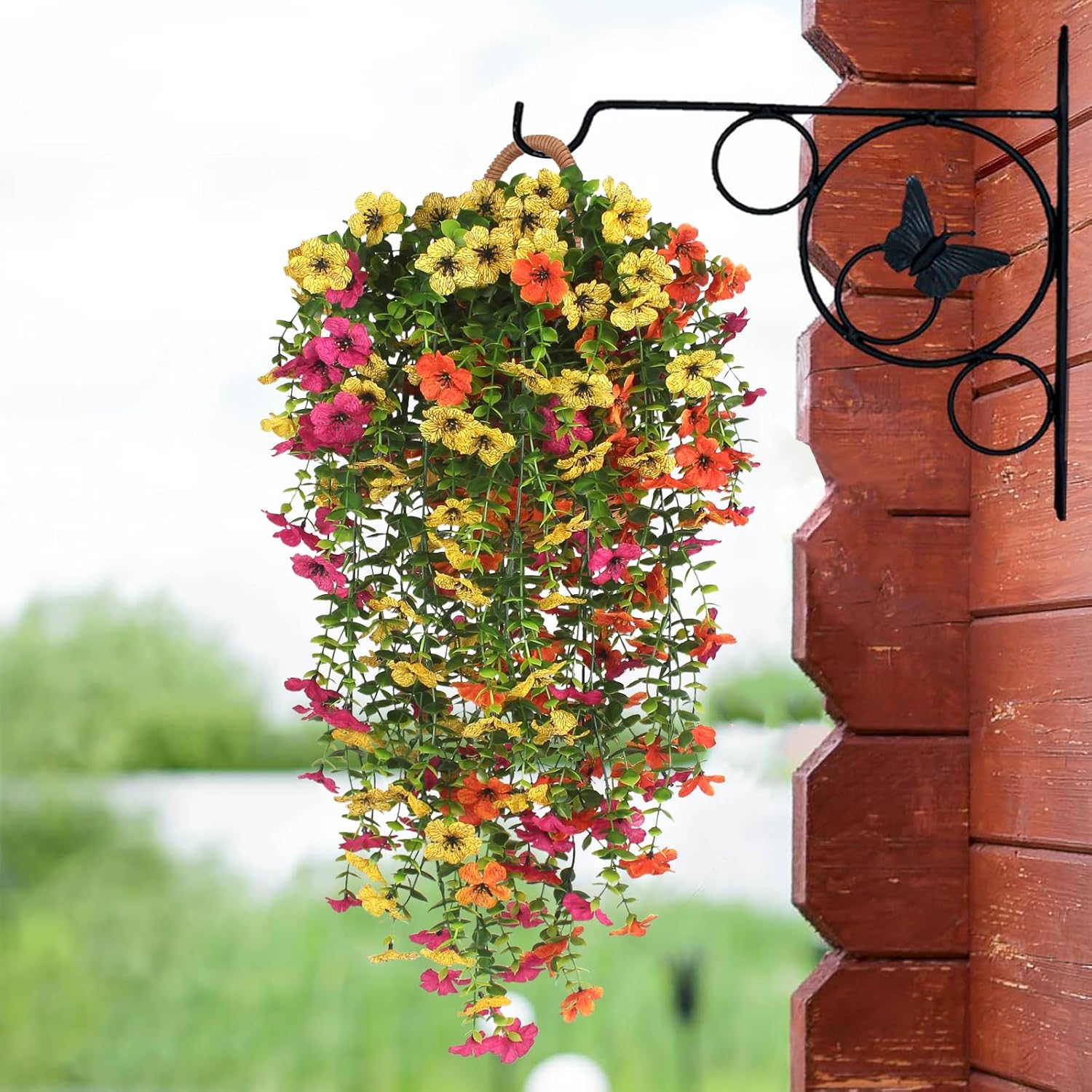 3 PCS Artificial Fake Hanging Flowers Plants with Basket for Spring Autumn Outdoor Outside Decoration, UV Resistant Faux Plastic Fabric Flower for Garden Porch Patio Balcony Yard Decor（Mix）