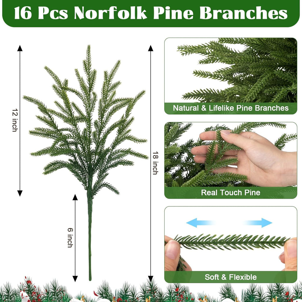 Ouddy Decor 16 Pcs Real Touch Christmas Norfolk Pine Stems, 18" Artificial Norfolk Pine Branches Faux Greenery Stems Fake Cedar Plants for Vase DIY Christmas Garland Wreath Indoor Outdoor Home Decor