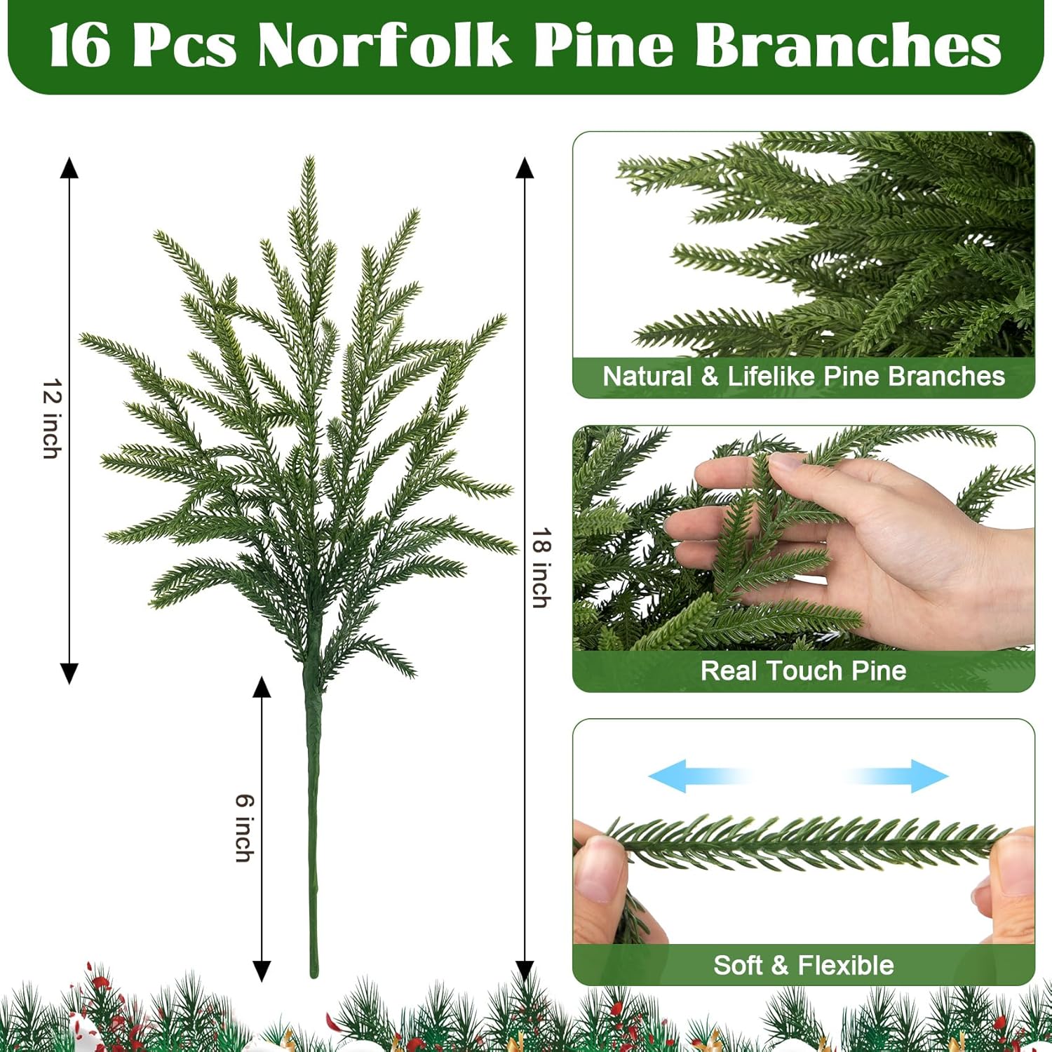 Ouddy Decor 16 Pcs Real Touch Christmas Norfolk Pine Stems, 18" Artificial Norfolk Pine Branches Faux Greenery Stems Fake Cedar Plants for Vase DIY Christmas Garland Wreath Indoor Outdoor Home Decor