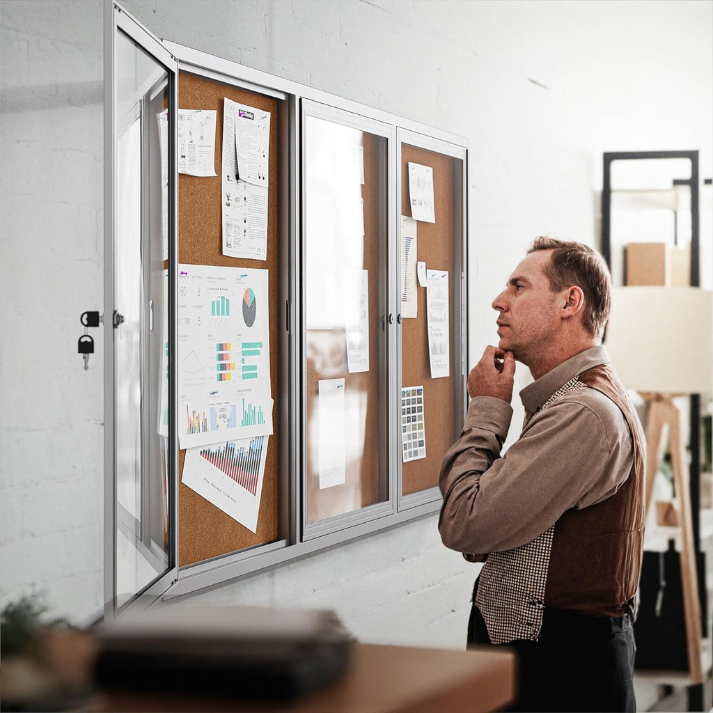 72"x36" Lockable Enclosed Bulletin Board, Outdoor Cork Weather-Resistant Aluminum Frame Notice Board, Wall Mounted Display Case Acrylic Doors for School,Office,Silver Frame w/Cork