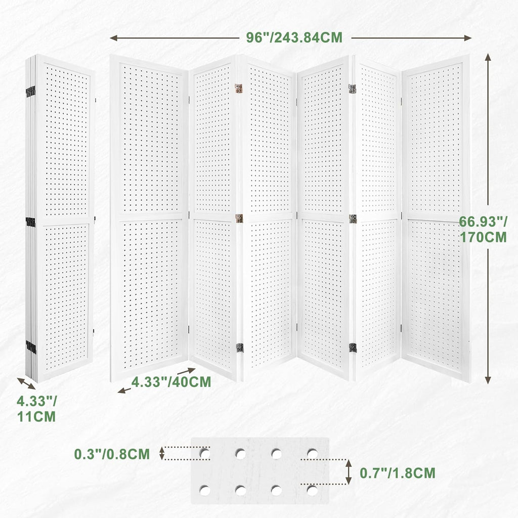 6 Panel Room Dividers 5.6FT Wall Divider with Freestanding Peg Board Display Wooden Folding Privacy Screen Foldable Partition Wall for Studio Apartment, Living Room, White