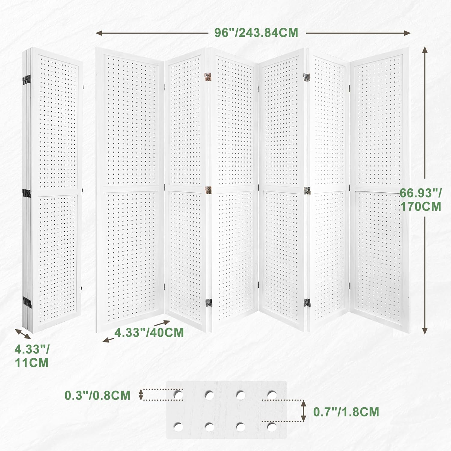 6 Panel Room Dividers 5.6FT Wall Divider with Freestanding Peg Board Display Wooden Folding Privacy Screen Foldable Partition Wall for Studio Apartment, Living Room, White