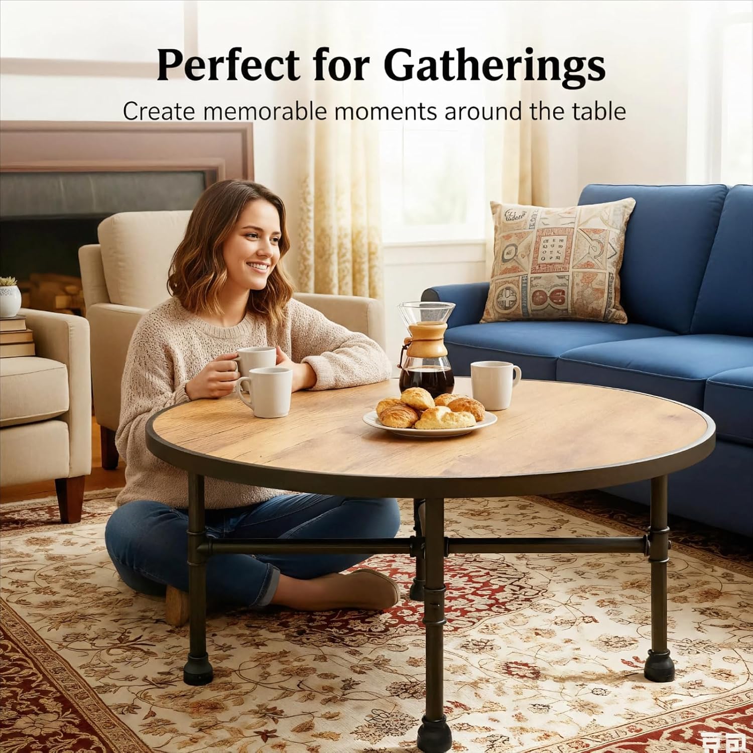 Industrial Round Coffee Table, Circle Wood Pottery Barn Coffee Table with Heavy Duty Metal Pipes Legs, Accent Cocktail Table Center Table with Open Shelf Storage for Living Room Home
