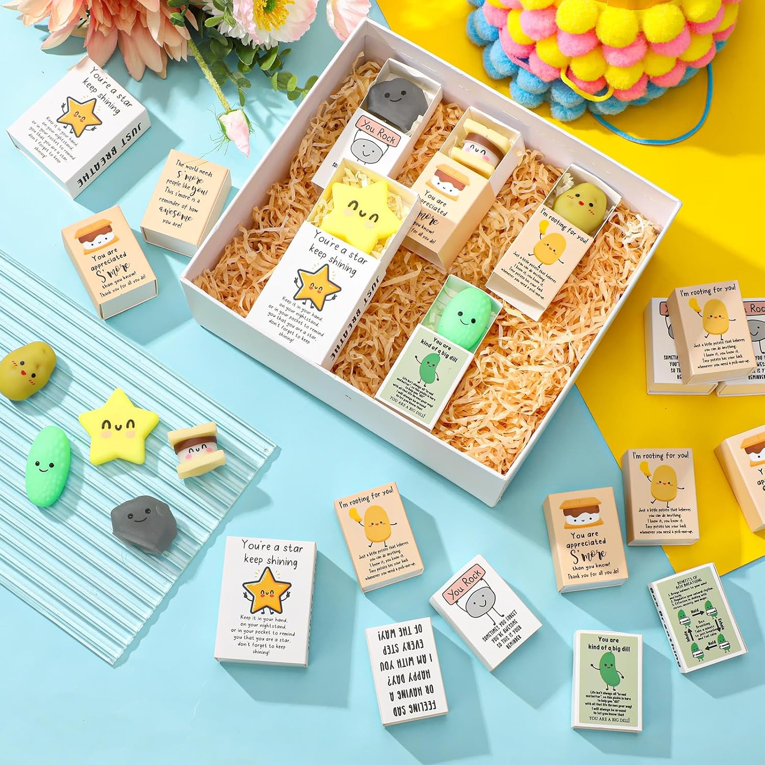 Wettarn 50 Sets Appreciation Gifts Cute Stress Balls with Support Gift Boxes Inspirational Party Favors for Employee Coworker Friends Office Positive Relief Toys Desk Decor