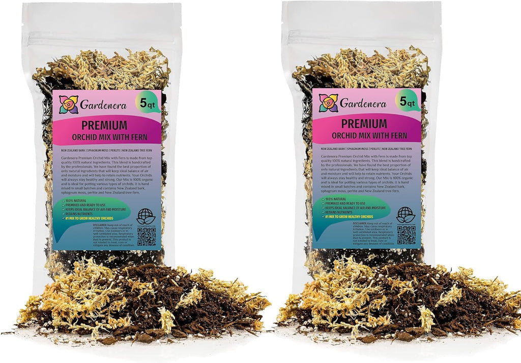 Gardenera Premium Orchid Mix by GARDENERA - 10 Quart - Fern + New Zealand Pine Bark + Sphagnum Moss + Perlite | Best for Growing and Repotting Orchids (2 Bags of 5 QT)