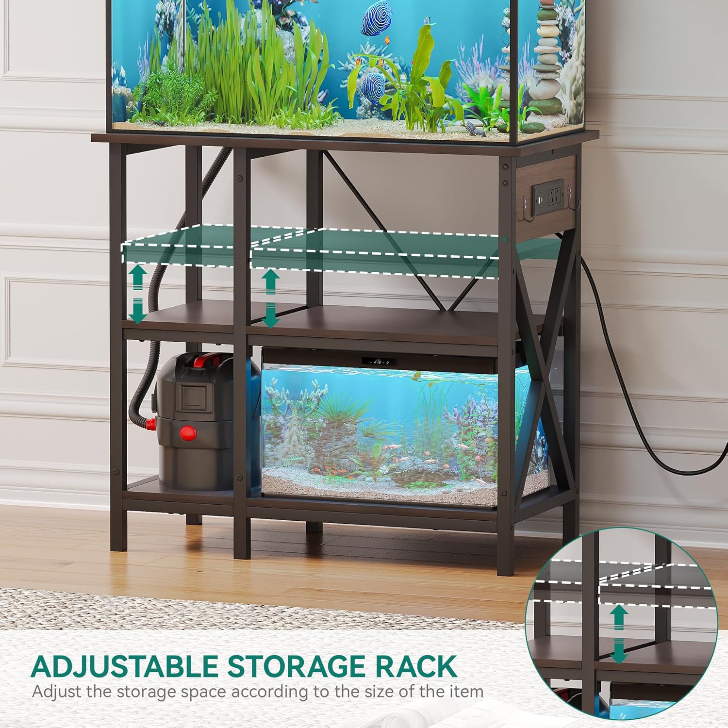YITAHOME 10-29-37 Gallon Fish Tank Stand with Power Outlet, 30x16 Inch Metal Aquarium Stand with 3-Tier Adjustable Storage Shelves and Hooks, 450LBS Capacity,Black