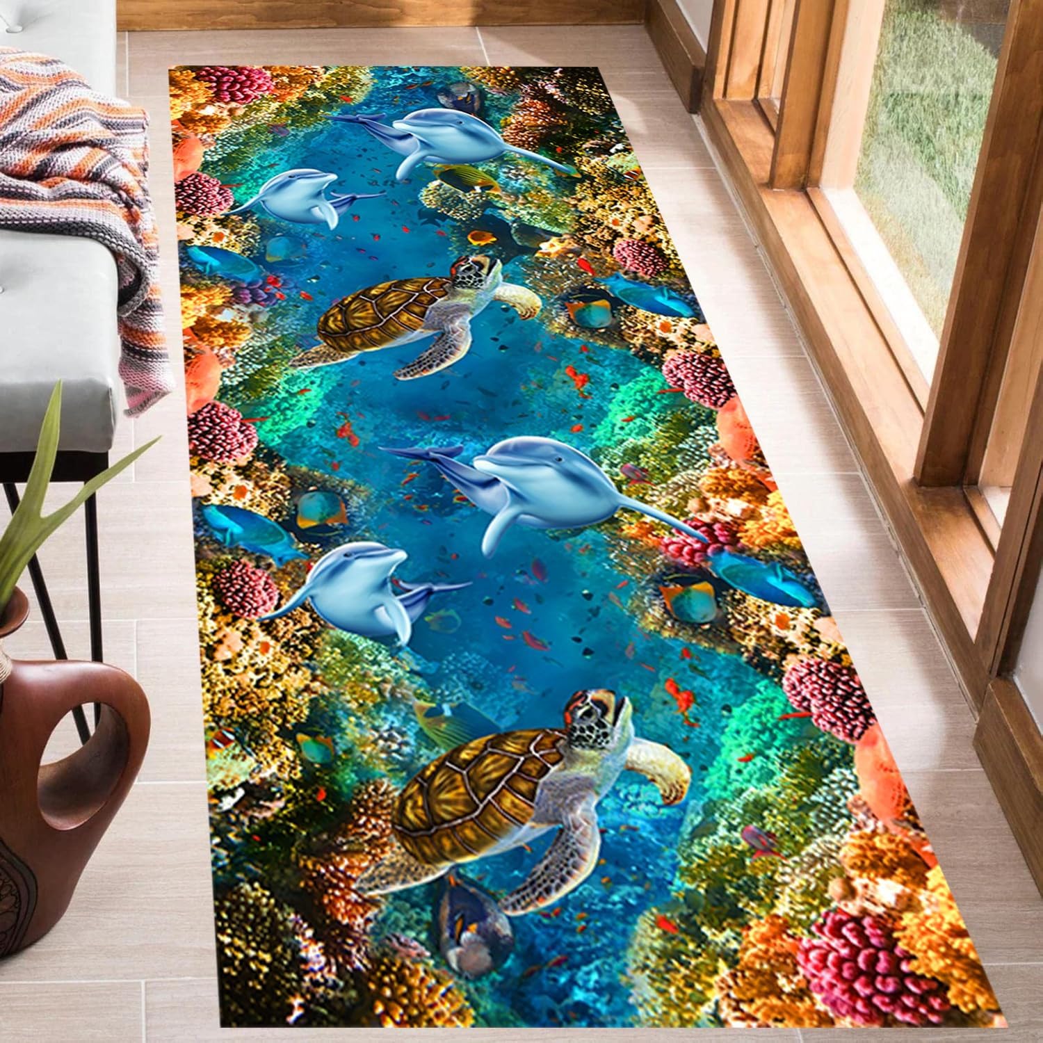3D Optical Illusion Runner Rug, 2x10ft, Sea Dolphin Turtles Underwater World Coral 3D Landscape Hallway Rug, Machine Washable Rugs Carpet for Bathroom Bedroom Laundry Room