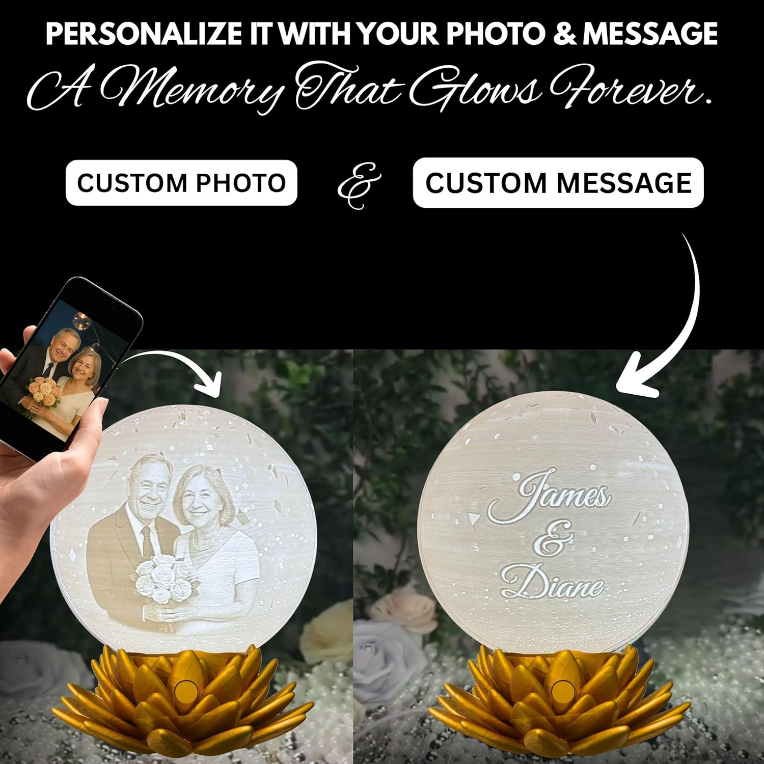 Personalized Anniversary Moon Lamp with Photo & Text - Couple Night Light - Custom Love Lamp for 1st, 20th, 25th, 50th Wedding Anniversary | Romantic Personalized Gift for Husband or Wife