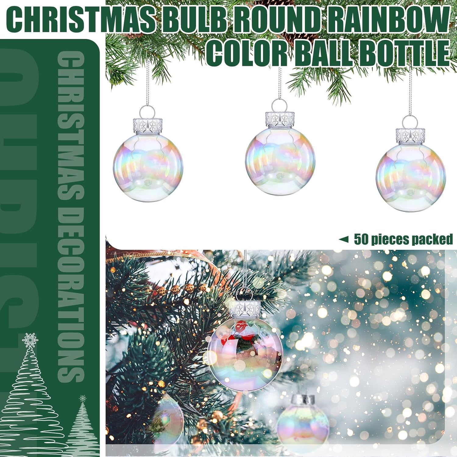 Funtery 50 Pcs Christmas Iridescent Clear Ornaments Balls Iridescent Christmas Balls for Tree Crafts Fillable Transparent DIY Hanging 2.5 Inch Rainbow Ball for Holiday Decor (Iridescence Style)