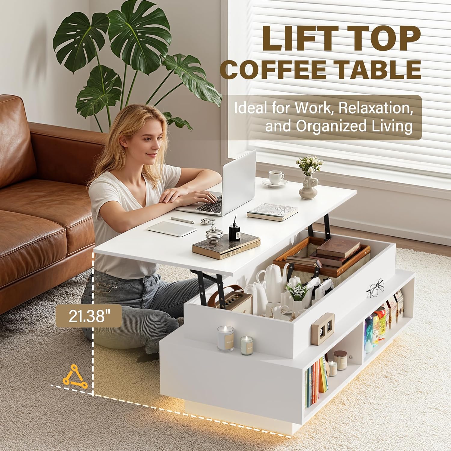 JUMMICO 40" Modern Lift Top Coffee Table with Storage & 4 Bottom Shelves, Square Wooden Center Table with LED Lights, Rising Dining Table with Storage Shelves for Living Room and Home Office (White)