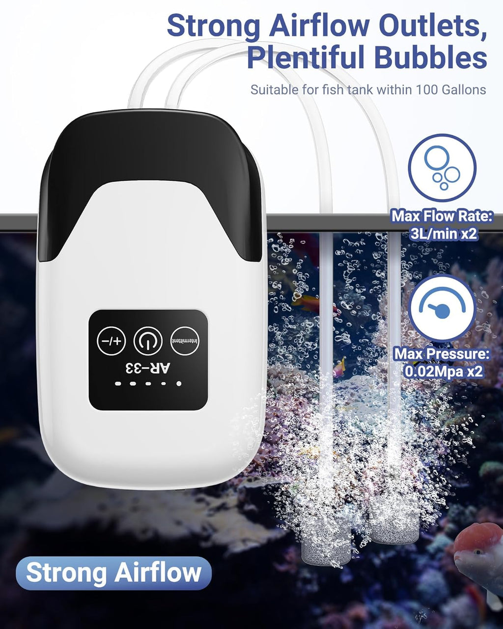 Aquarium Air Pump, Rechargeable Portable Oxygen Pump with Single/Dual Outlets, Quiet Aerator for Fish Tank up to 30/70 Gallon, Outdoor Fishing, Fish Transport and Power Cut.