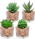 Briful Mini Fake Plants 4 Packs Succuletns Artificial Potted Plants in Cube Glass Vase Faux Succulents for Bathroom Living Room Kitchen Shelf Table Decor