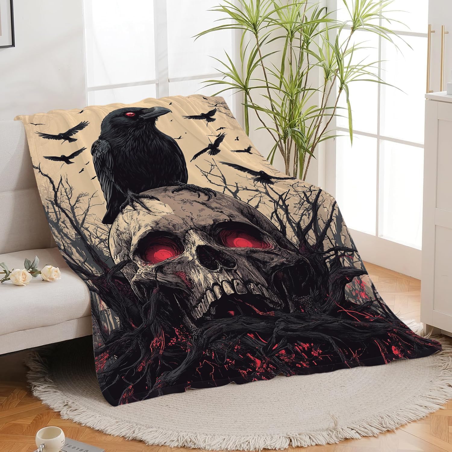 Skull Blanket Skeleton Throw Blanket Crow Gifts for Men Women Boys Girls Kids Adults Super Soft Cozy Plush Fluffy Fuzzy Fleece Blanket Decor 60''X80''