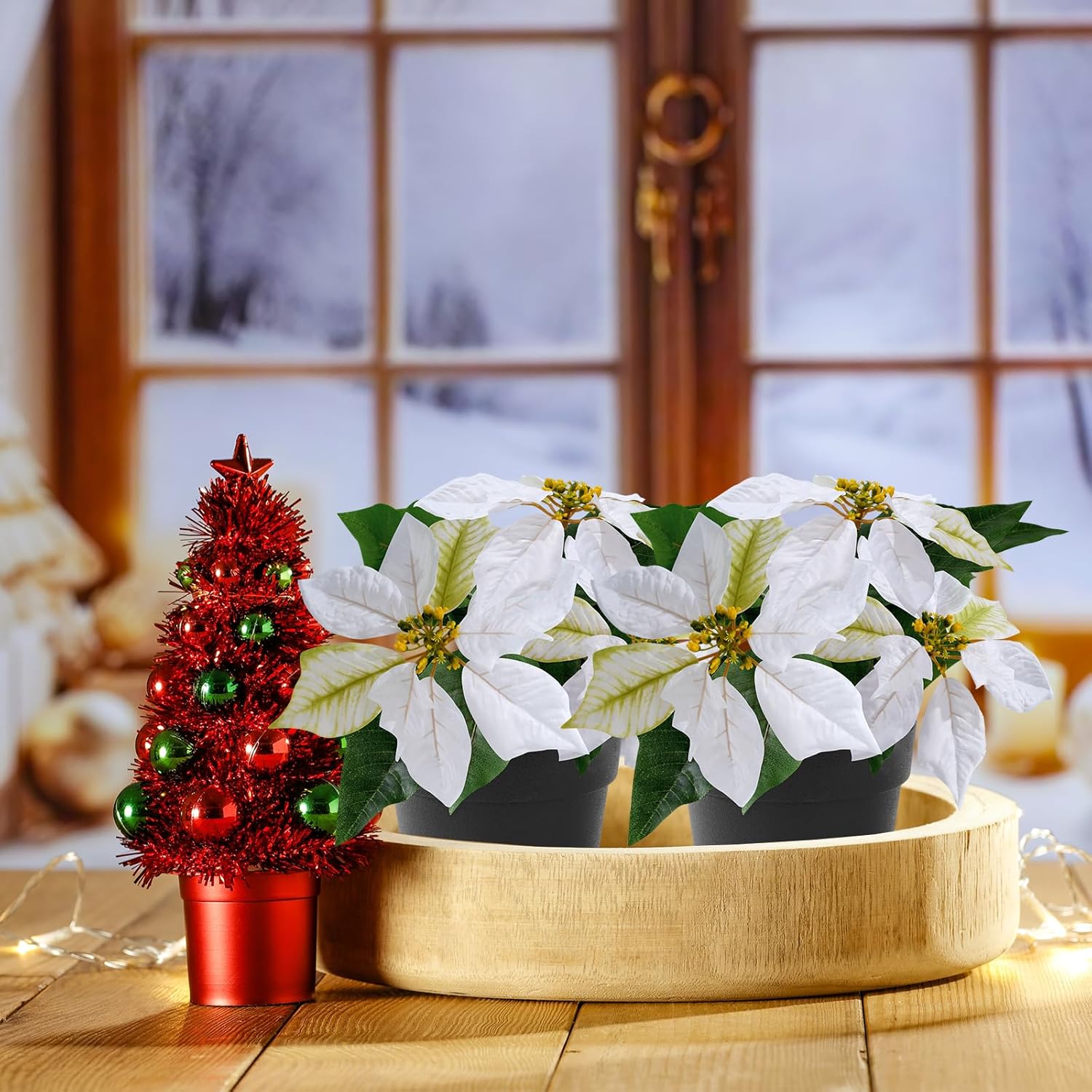 Poinsettias Artificial Christmas Flowers Tabletop 2 Pack Small Poinsettia Plant Artificial 9 Inch Faux Winter Flowers for Xmas Ornament Porch Home Garden Decorations(Cream)