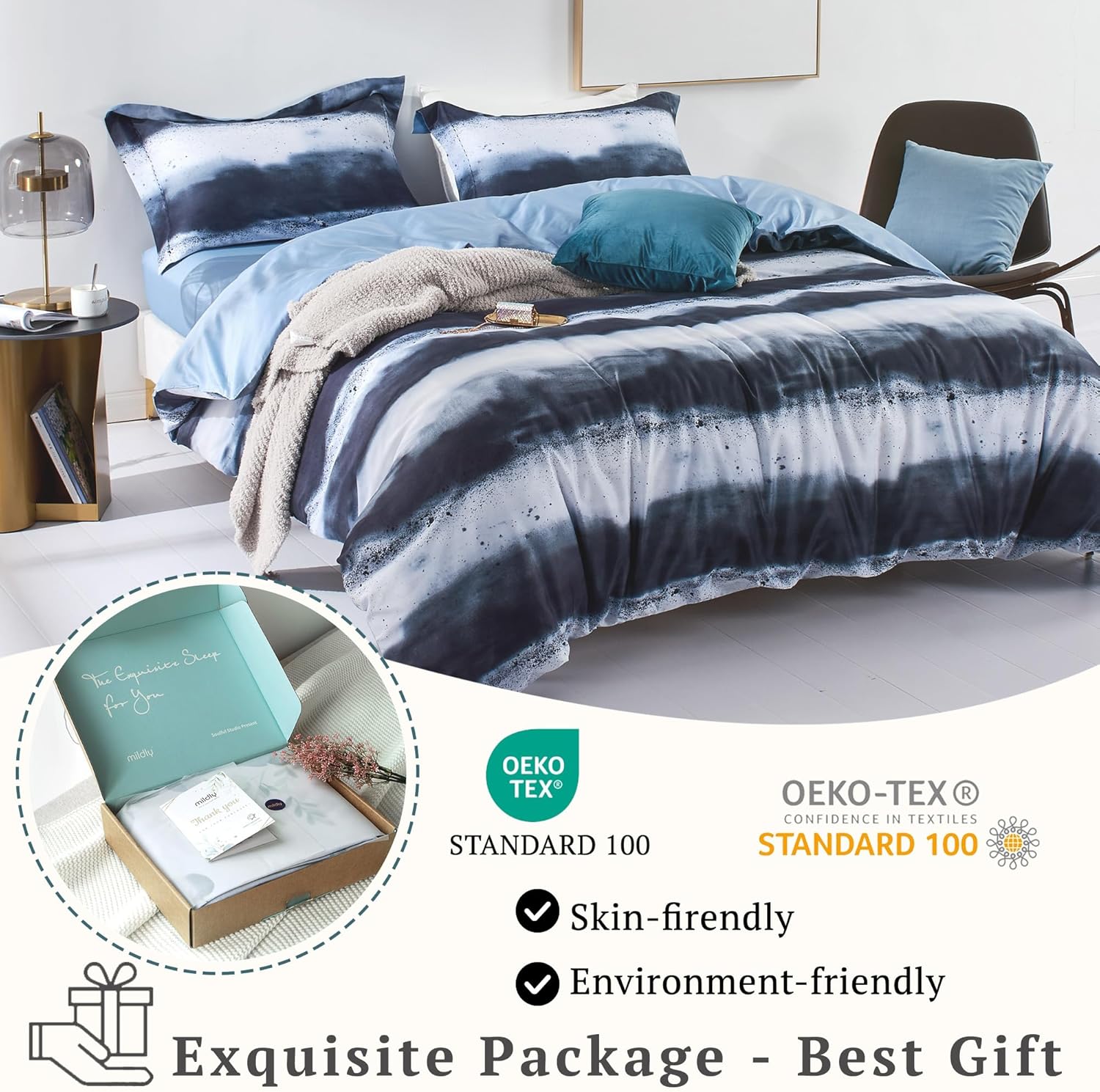 MILDLY 100% Long-Staple Cotton Duvet Cover Set Navy & White Striped Watercolor Pattern Printed Comforter Cover 2pcs, Ultra Soft & Breathable Bedding Set