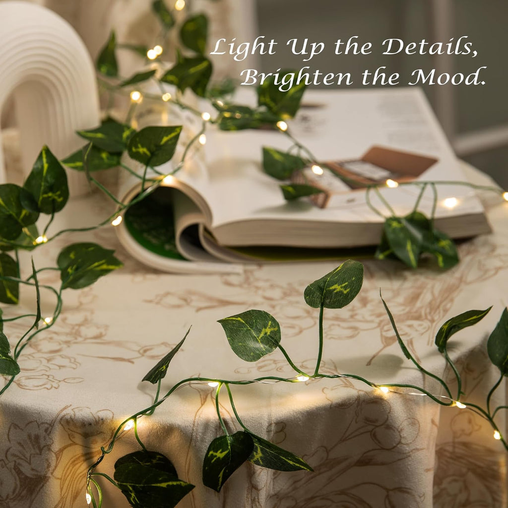 2 Pack 6.56 Ft Vine Lights Pothos String Lights Battery Operated, 40 LEDs Artifical Garland Plant Leaves with Light for Wedding, Garden, Patio, Bedroom, Stair Railing Decor (Warm White)