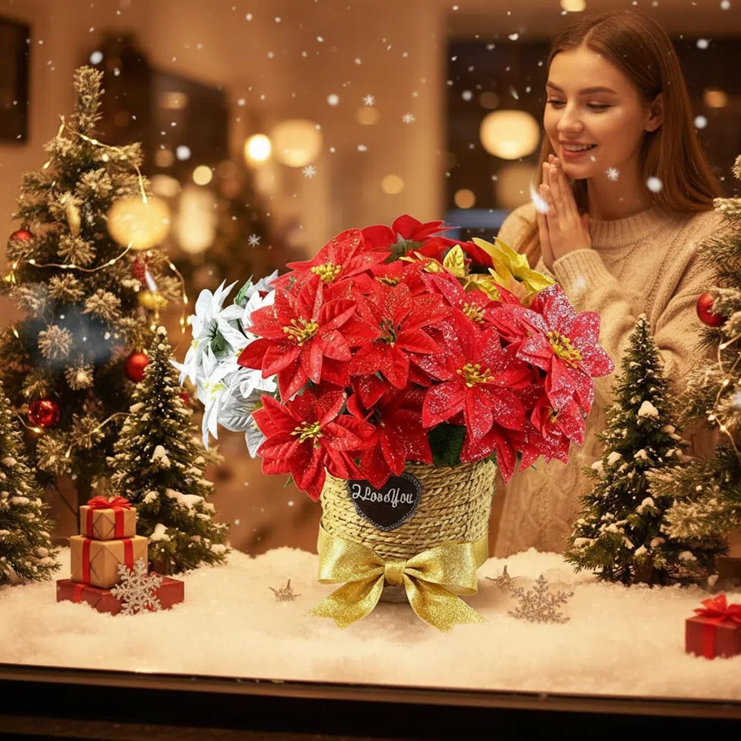 35 Bundles Poinsettias Artificial Christmas Bouquet, Large Mixed Bush Fake Velvet Poinsettia Bouquet Silk Flowers Arrangements for Christmas Cemetery Flowers for Grave Home Holiday Indoor Outdoor