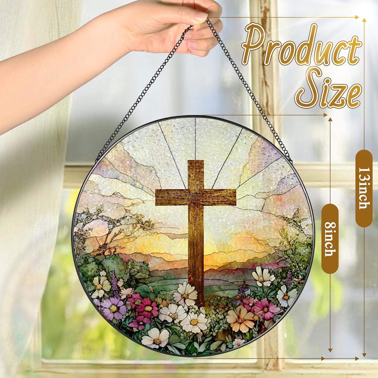8 Inch Stained Glass Cross and Wildflowers Suncatcher Christian Stained Glass Windows Hanging Flower Cross Gift for Religious Easter Faith Christian Gifts Religious Home Decor