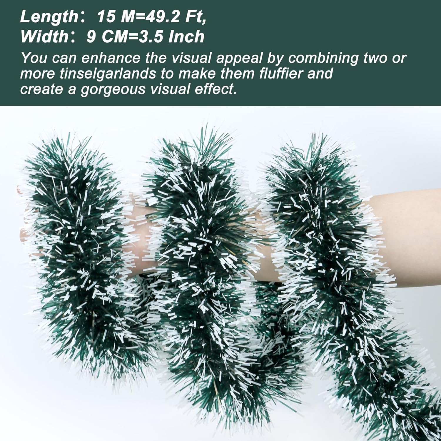 50 Feet Green Christmas Tinsel Garland Metallic Twist Shiny Hanging Garland for Christmas Tree Decorations Xmas Holiday Decor for Home Indoor Outdoor Party Supplies (Green)