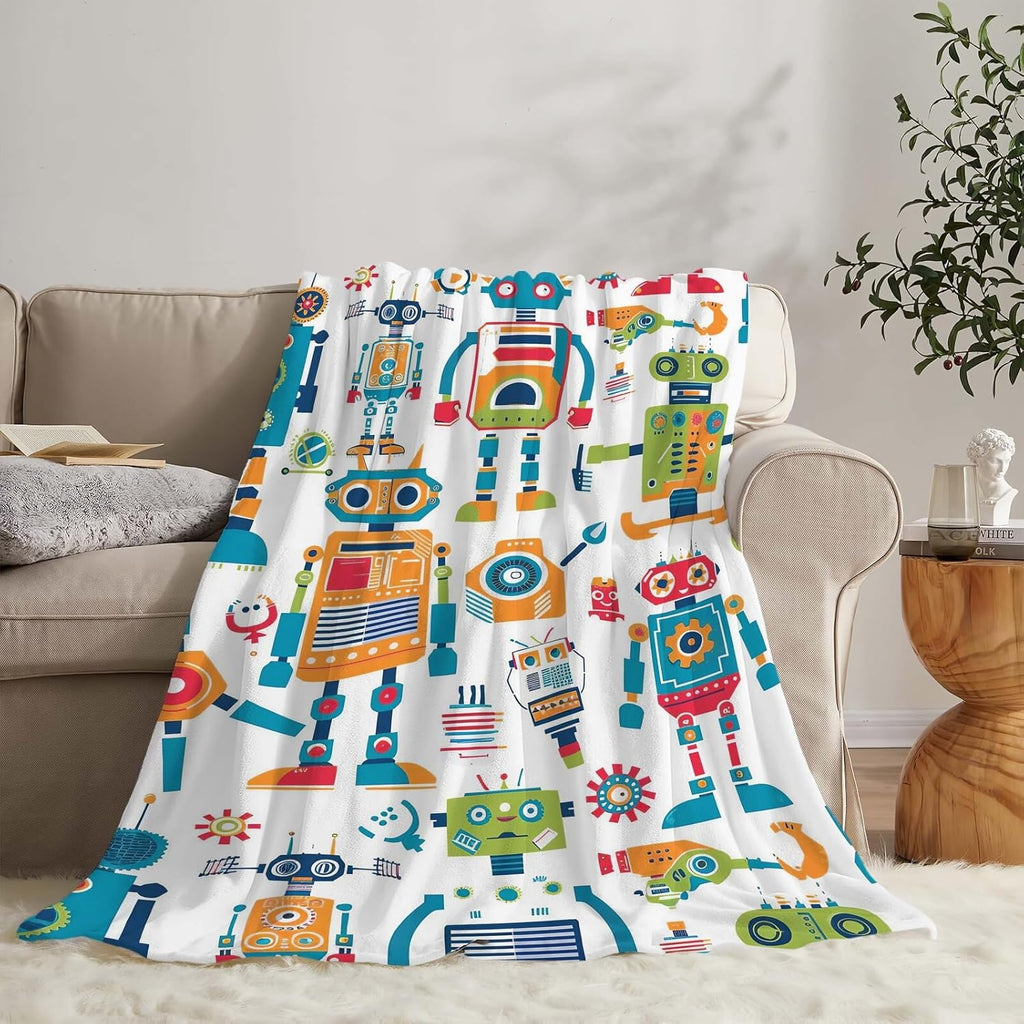 Robot Throw Blanket Cartoon Robot Machine Gifts for Kids Teens Girls Boys Adults Soft Cozy Warm Plush Fluffy Fuzzy Fleece Blanket Birthday Festival Decor 60''X80''