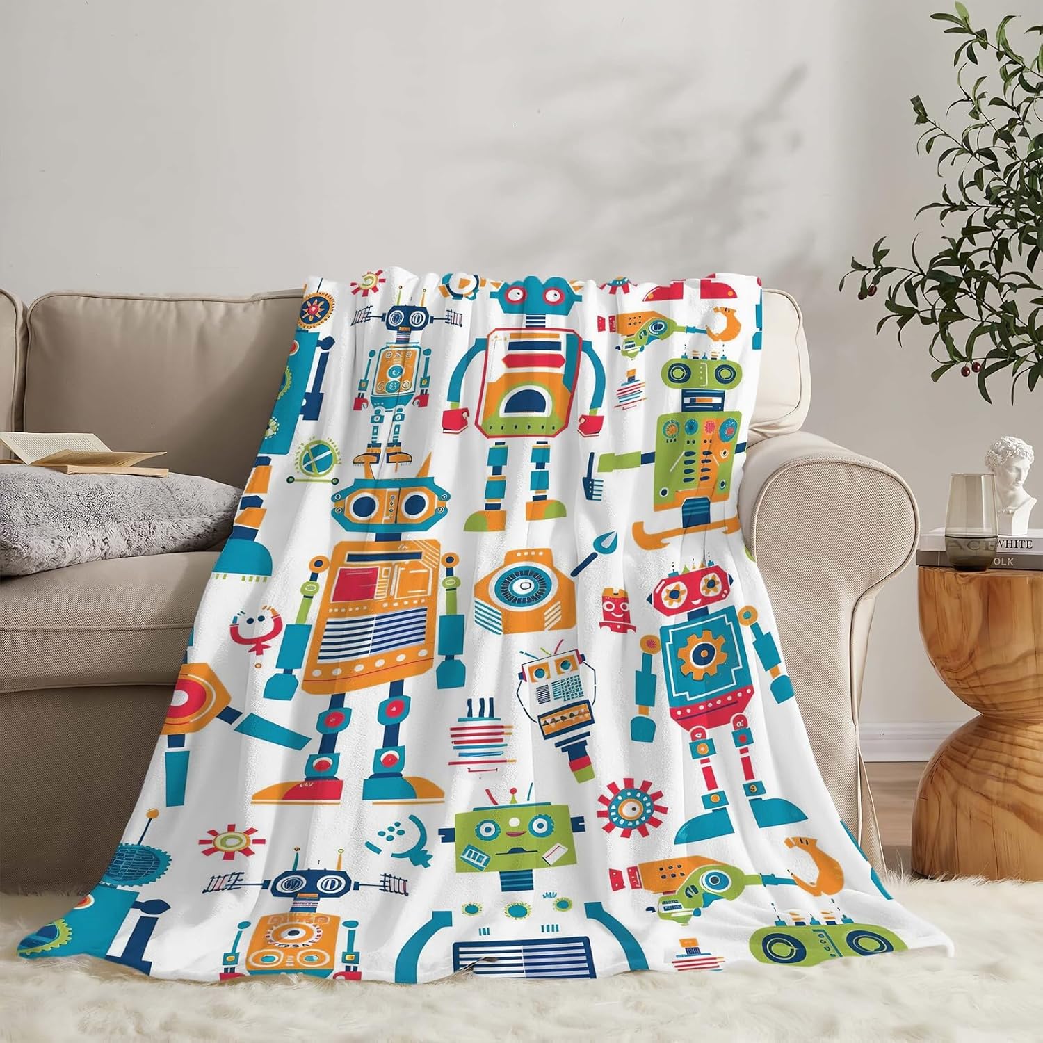 Robot Throw Blanket Cartoon Robot Machine Gifts for Kids Teens Girls Boys Adults Soft Cozy Warm Plush Fluffy Fuzzy Fleece Blanket Birthday Festival Decor 60''X80''