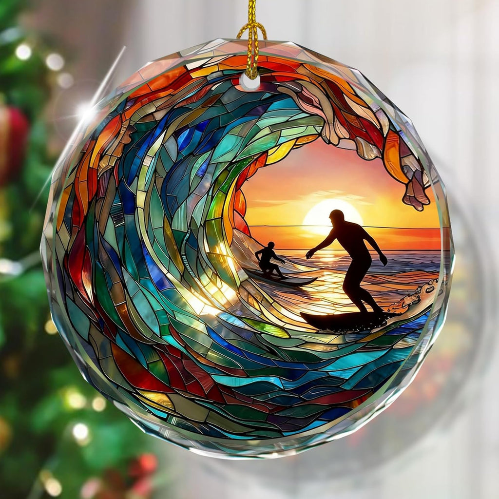Surfing Stained Glass Ornament, Christmas Tree Decor, Surfing Ornaments for Christmas Tree, Holiday Presents, Gift Exchange