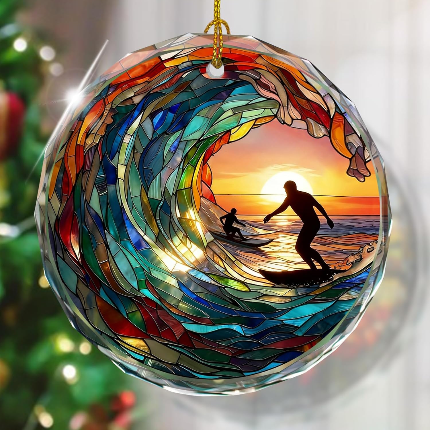 Surfing Stained Glass Ornament, Christmas Tree Decor, Surfing Ornaments for Christmas Tree, Holiday Presents, Gift Exchange